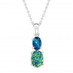 Created Yellow Green Opal, London Blue Topaz, and Created White Sapphire Sterling Silver Pendant Necklace