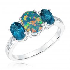 Created Yellow Green Opal, London Blue Topaz, and Created White Sapphire Sterling Silver Ring