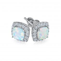 Cushion Created Opal and Created White Sapphire Sterling Silver Earrings