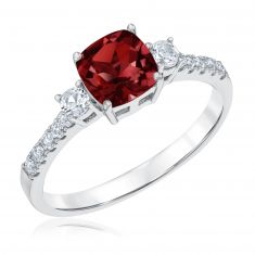 Cushion Garnet and Created White Sapphire Sterling Silver Ring