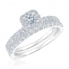 1ctw Princess Diamond Halo White Gold Engagement and Wedding Ring Set | Couture