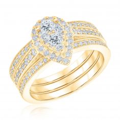 1ctw Pear Diamond Composite Yellow Gold Engagement and Wedding Ring Bridal Set | Glow