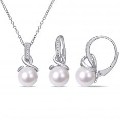 Fresh Water Cultured Pearl Drop and 1/10ctw Diamond Sterling Silver Earrings and Pendant Necklace Set