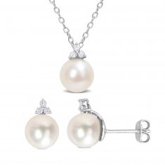 Freshwater Cultured Pearl Drop and 1/5ctw Diamond Trio Sterling Silver Earrings and Necklace Gift Set