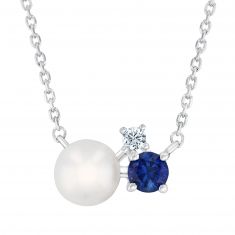 Freshwater Cultured Pearl, Created Blue Sapphire, and Created White Sapphire Sterling Silver Necklace