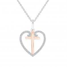 Hallmark Diamonds Two-Tone Heart and Cross Pendant Necklace 1/5ctw