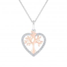 Hallmark Diamonds Two-Tone Heart and Family Tree Pendant Necklace 1/5ctw