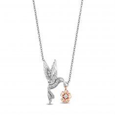 Hallmark Diamonds Two-Tone Hummingbird and Flower Pendant Necklace 1/20ctw
