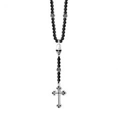 King Baby Onyx, Skull, and Cross Sterling Silver Rosary Necklace | 24 Inches