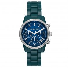 Ladies Michael Kors Ritz Chronograph Pave Teal Stainless Steel Bracelet Watch Mk6722 Reeds Jewelers