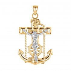 LA BLINGZ 10K Two-Tone White and Yellow Gold Mariner Crucifix Cross Charm Necklace