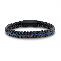 Men's Woven Black and Blue Ion-Plated Stainless Steel Leather Bracelet
