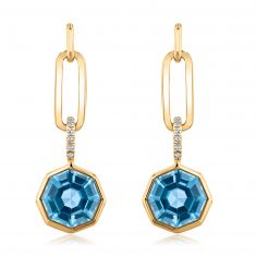 Octagon Swiss Blue Topaz and Diamond Accent Yellow Gold Drop Earrings