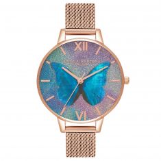 Olivia Burton Glitter Demi Dial Mother-of-Pearl Butterfly Rose Gold-Tone Mesh Strap Watch OB16MB35