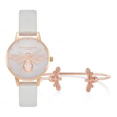 Olivia Burton Sparkle Bee Midi Dial Watch and Bangle Bracelet Rose Gold-Tone Gift Set | 30mm | OBGSET166