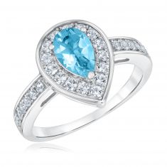 Pear Swiss Blue Topaz and Created White Sapphire Halo Sterling Silver Ring
