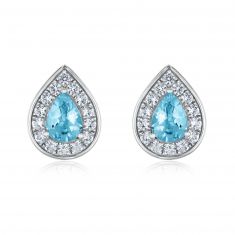 Pear Swiss Blue Topaz and Created White Sapphire Halo Sterling Silver Stud Earrings