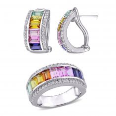 Rainbow Created Sapphire Sterling Silver Earrings and Ring Set