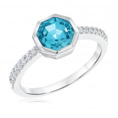 Octagon Swiss Blue Topaz and 1/10ctw Diamond Sterling Silver Ring