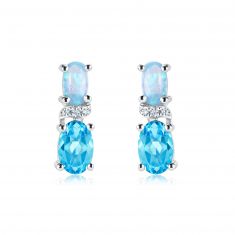 Swiss Blue Topaz, Created Blue Opal, and Created White Sapphire Earrings