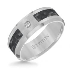 TRITON 1/20ct Round Diamond Grey Tungsten Carbide and Black Carbon Fiber Comfort Fit Wedding Band | 8mm