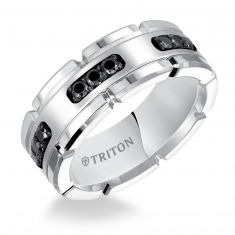 TRITON Black Diamond Sterling Silver and Tungsten Carbide Comfort Fit Band 8mm