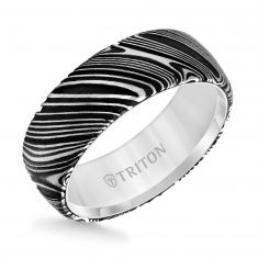 TRITON Damascus Steel and White Tungsten Carbide Comfort Fit Band 8mm