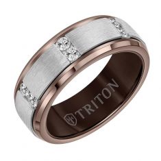 TRITON Espresso Tungsten 1/3ctw Round Diamond Vertical Row Wedding Band | Silver Brush Finish | Beveled Edges | 8mm