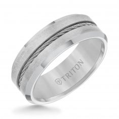 TRITON Grey Tungsten Carbide Steel Cable Center Comfort Fit Band, 8mm