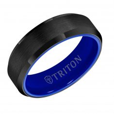 TRITON Raw Black DLC Tungsten Carbide with Blue Ceramic Sleeve Beveled Edge Comfort Fit Band, 7mm