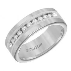 TRITON Tungsten 1/2ctw Round Diamond Wedding Band | Silver Satin Finish Inlay | Round Edge | 8mm