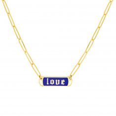 Yellow Gold Navy Blue Enameled Love Cut Out Paperclip Chain Necklace