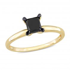 1ct Princess  Black Diamond Yellow Gold Solitaire Engagement Ring
