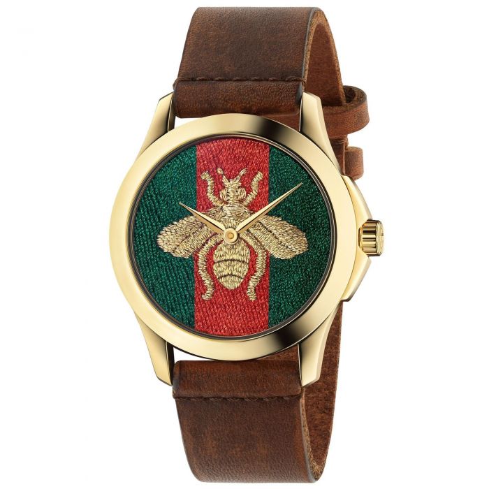 Gucci G-Timeless Bee Brown Leather Strap Watch YA126451 | REEDS Jewelers