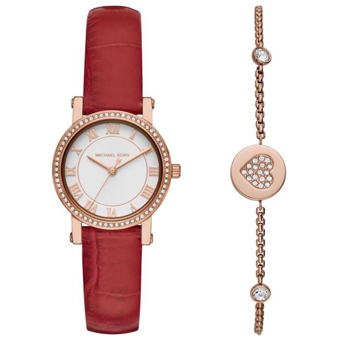 Ladies Michael Kors Norie Rose Gold Tone Red Leather Strap Watch And Bracelet Set Mk3812 Reeds Jewelers