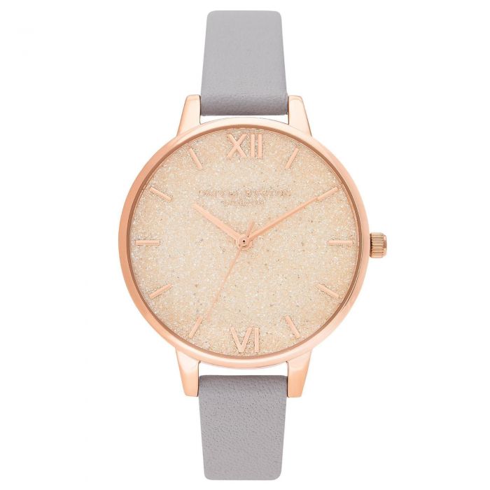 Ladies Olivia Burton Rose Gold Glitter Dial Grey Lilac Leather Strap Watch Ob16gd45 Reeds Jewelers