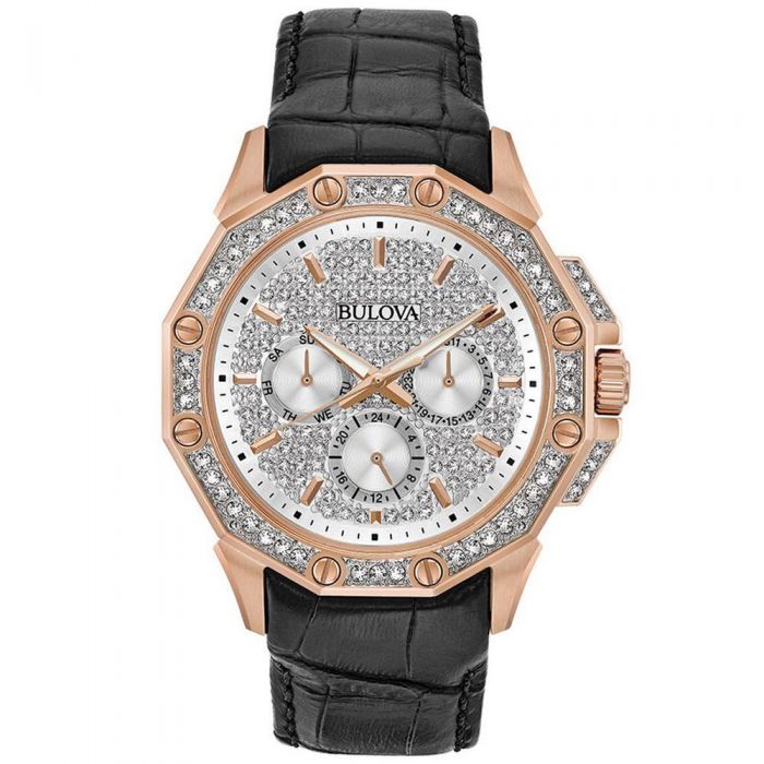 Men's Bulova Crystal Rose Gold-Tone Black Leather Strap Watch 98C125