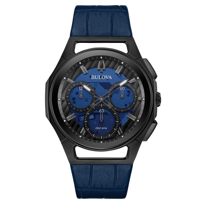 Men's Bulova Curv Chronograph Blue Leather Strap Watch 98A232 | REEDS ...