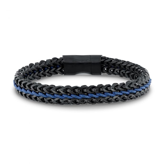 Men's Woven Black and Blue IonPlated Stainless Steel Leather Bracelet