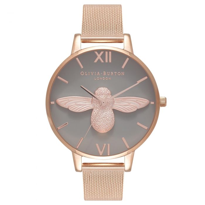 Olivia Burton 3d Bee Grey Dial Rose Gold Ion Plated Mesh Stainless