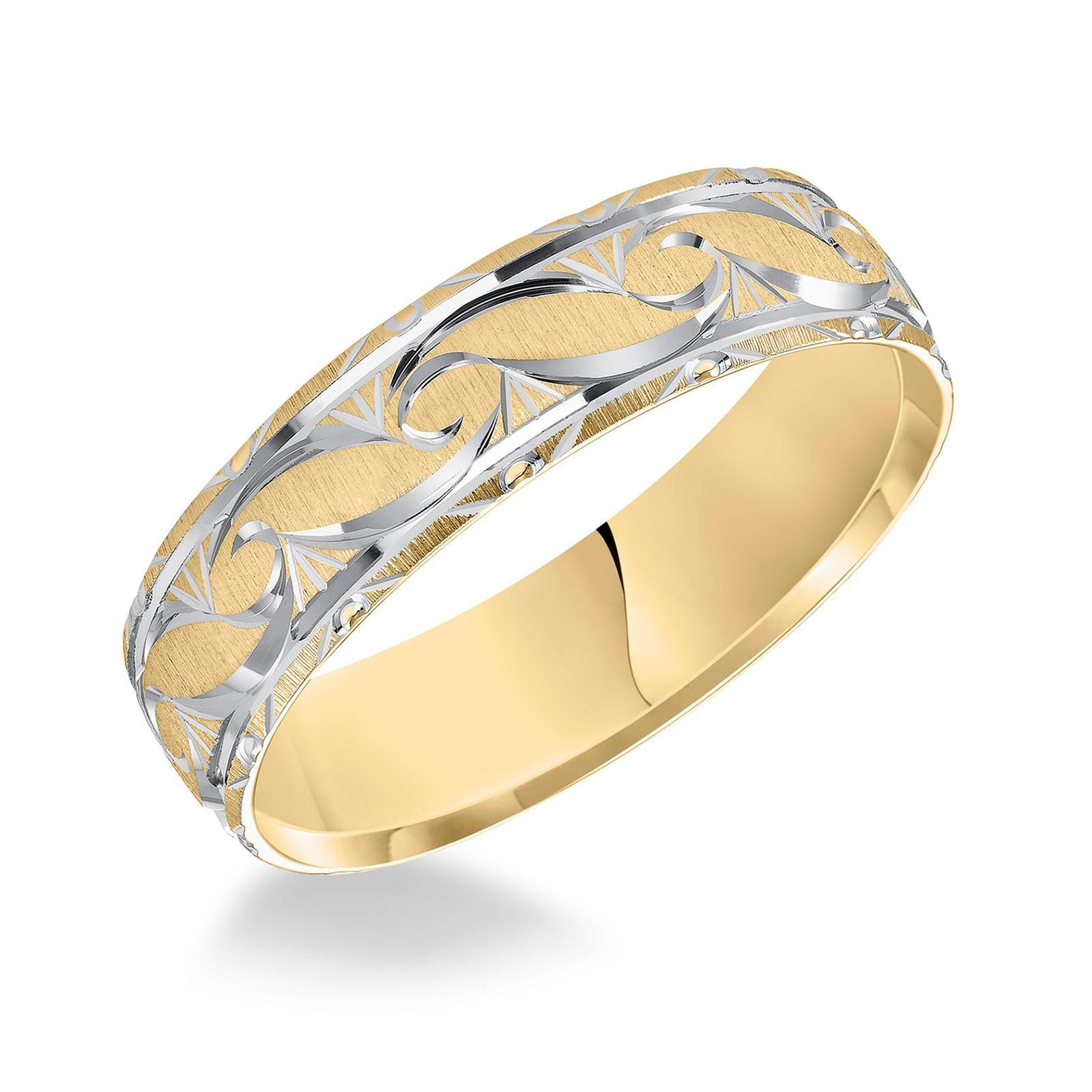 14K Two Tone Yellow White Gold 6mm Diamond Cut Satin Wedding Band Ring 