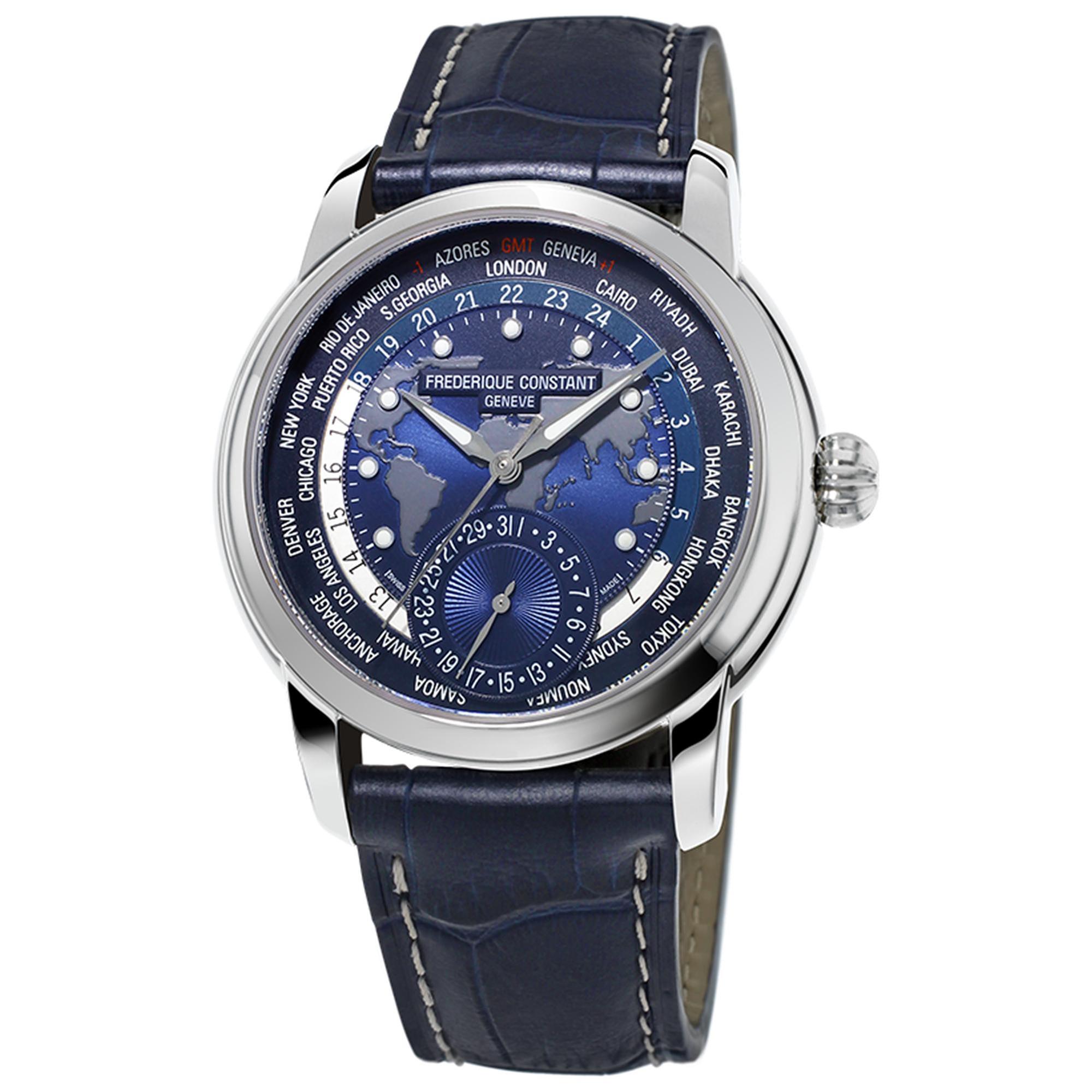 Frederique Constant World Timer Manufacture Navy Blue Dial Navy Blue Leather Strap Watch 42mm - FC-718NWM4H6 4595$