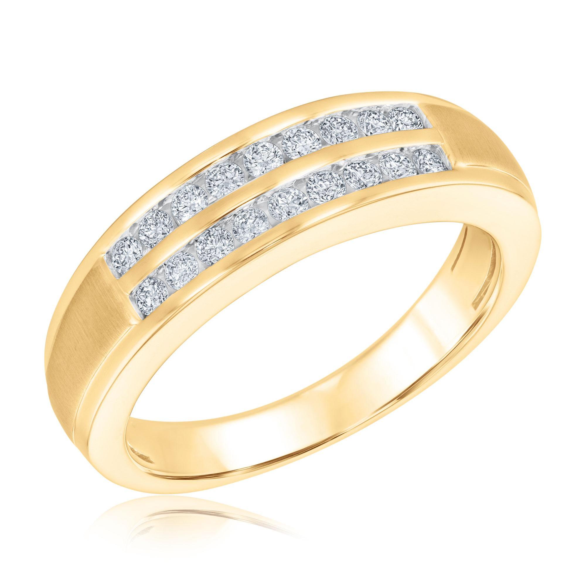 Men's Three Diamond Diagonal Yellow Gold Ring 1/10ctw | REEDS Jewelers Men's Three Diamond Diagonal Yellow Gold Ring 1/10ctw | REEDS Jewelers
